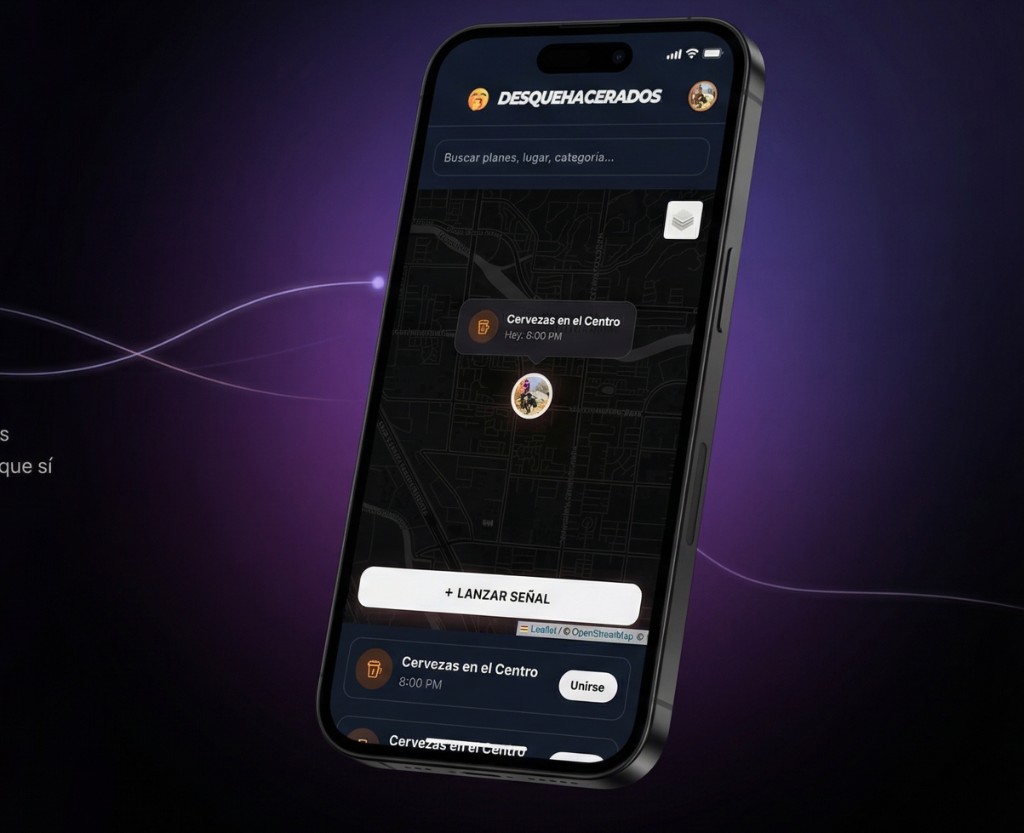App Desquehacerados en el móvil: mapa con plan Cervezas en el Centro, botón Lanzar señal y tarjeta Unirse.