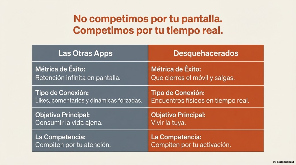 Comparación Las otras apps frente a Desquehacerados: métrica, conexión, objetivo y competencia.