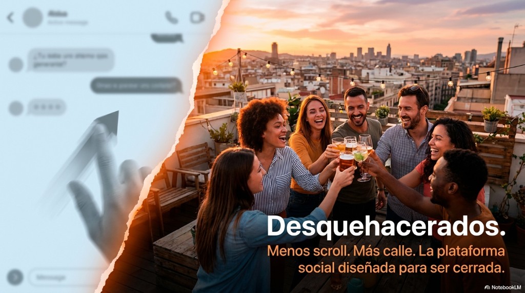Collage mano scrolleando un chat frente a grupo en azotea al atardecer: Desquehacerados, menos scroll y más calle.