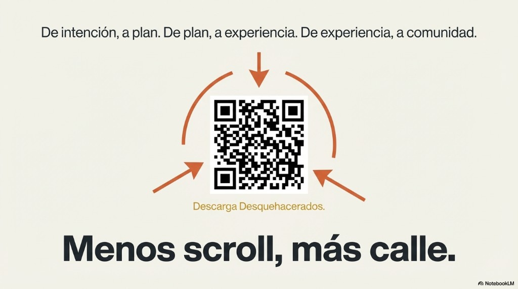 Código QR para descargar Desquehacerados con eslogan Menos scroll, más calle y frase de intención, plan, experiencia y comunidad.
