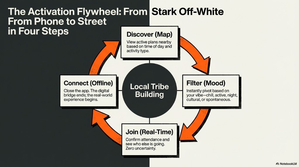 Diagrama flywheel Local Tribe Building con Discover, Filter, Join, Connect alrededor.