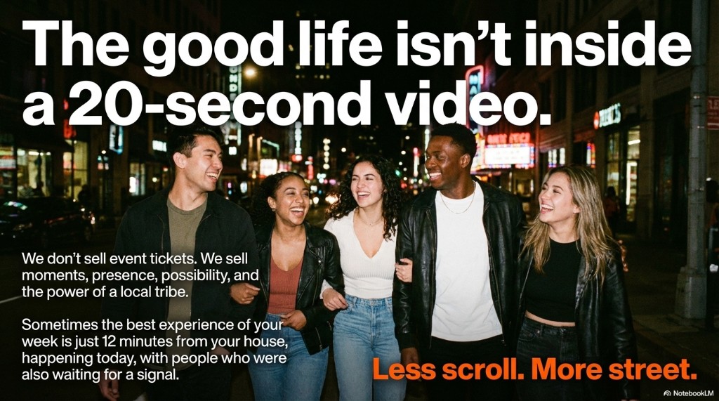 Grupo caminando de noche en la ciudad con mensaje sobre la buena vida fuera de un video de veinte segundos.