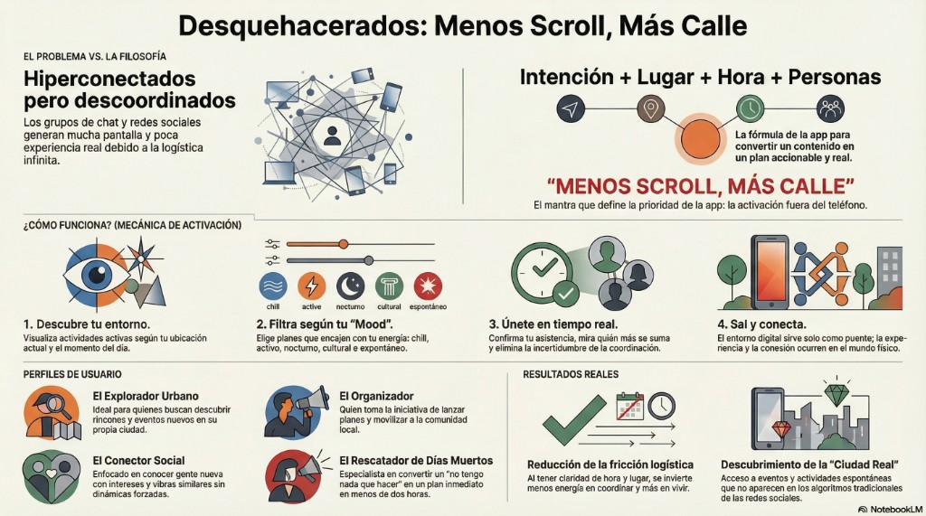 Infografía completa Desquehacerados: problema, fórmula, cuatro pasos, perfiles y resultados.