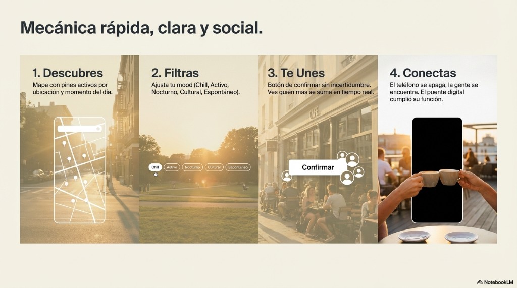 Cuatro paneles Descubres, Filtras, Te unes, Conectas con fotografía cálida y UI esquemática.