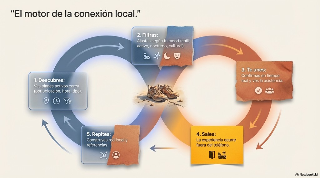 Infografía bucle infinito: Descubres, Filtras, Te unes, Sales, Repites alrededor de botas en sendero.