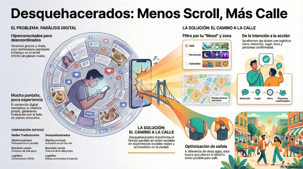 Parálisis digital versus camino a la calle: comparación, mood, mapa de planes y flujo intención a acción.