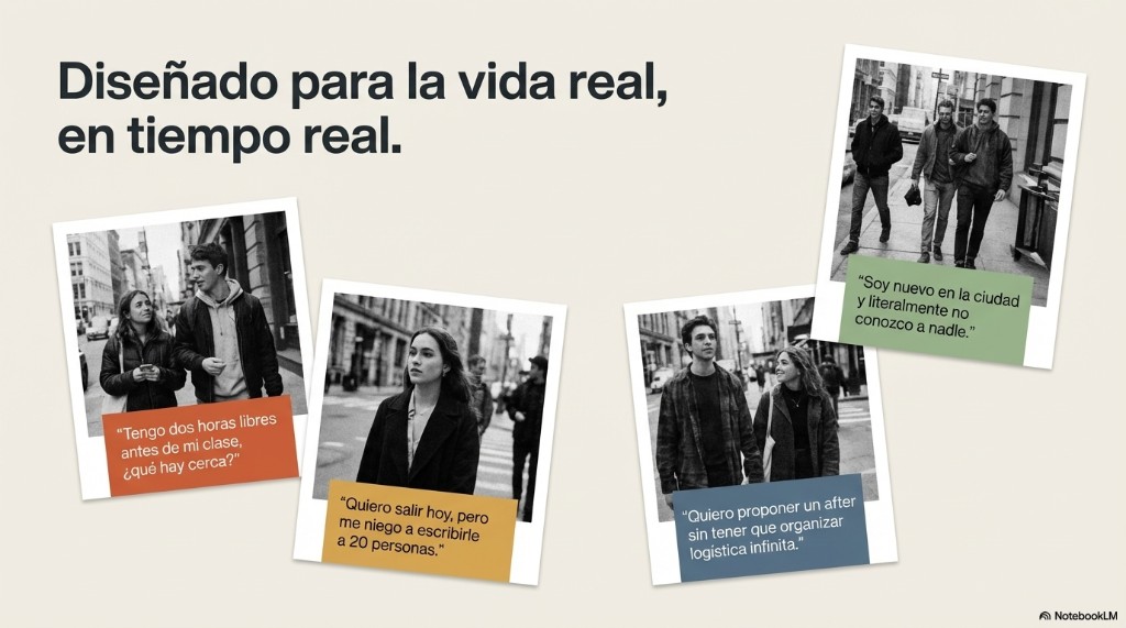 Cuatro fotos estilo polaroid con citas de usuarios sobre planes cerca, salir hoy, after sin logística infinita y ser nuevo en la ciudad.