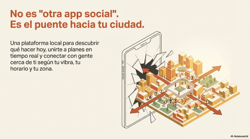 Ilustración isométrica: ciudad que emerge de la pantalla de un smartphone roto, metáfora del puente digital hacia el entorno real.