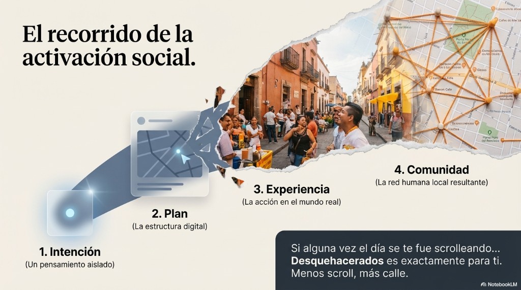 Cuatro pasos Intención, Plan, Experiencia y Comunidad con transición de interfaz digital a foto de calle.