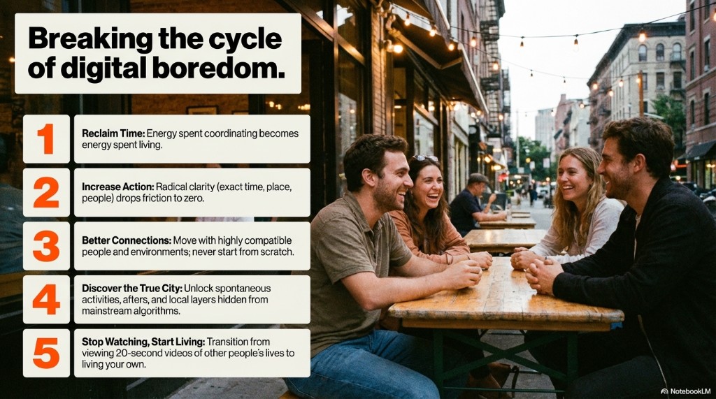 Cinco principios numerados junto a foto de grupo en terraza cafetera al atardecer.