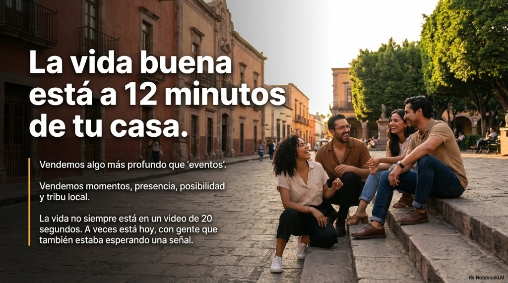 Cuatro amigos en escalinata de plaza colonial al atardecer con texto sobre vida buena cerca de casa y tribu local.