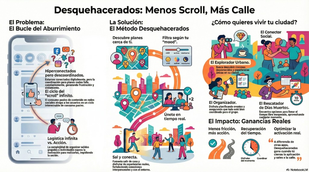 Infografía Desquehacerados, menos scroll más calle: el problema de la hiperconexión y el scroll infinito; la solución en pasos — descubrir planes, filtrar por mood, unirse en tiempo real y salir a la calle; y perfiles urbanos como explorador, conector, organizador y rescatador de días muertos, con impacto en fricción y tiempo.